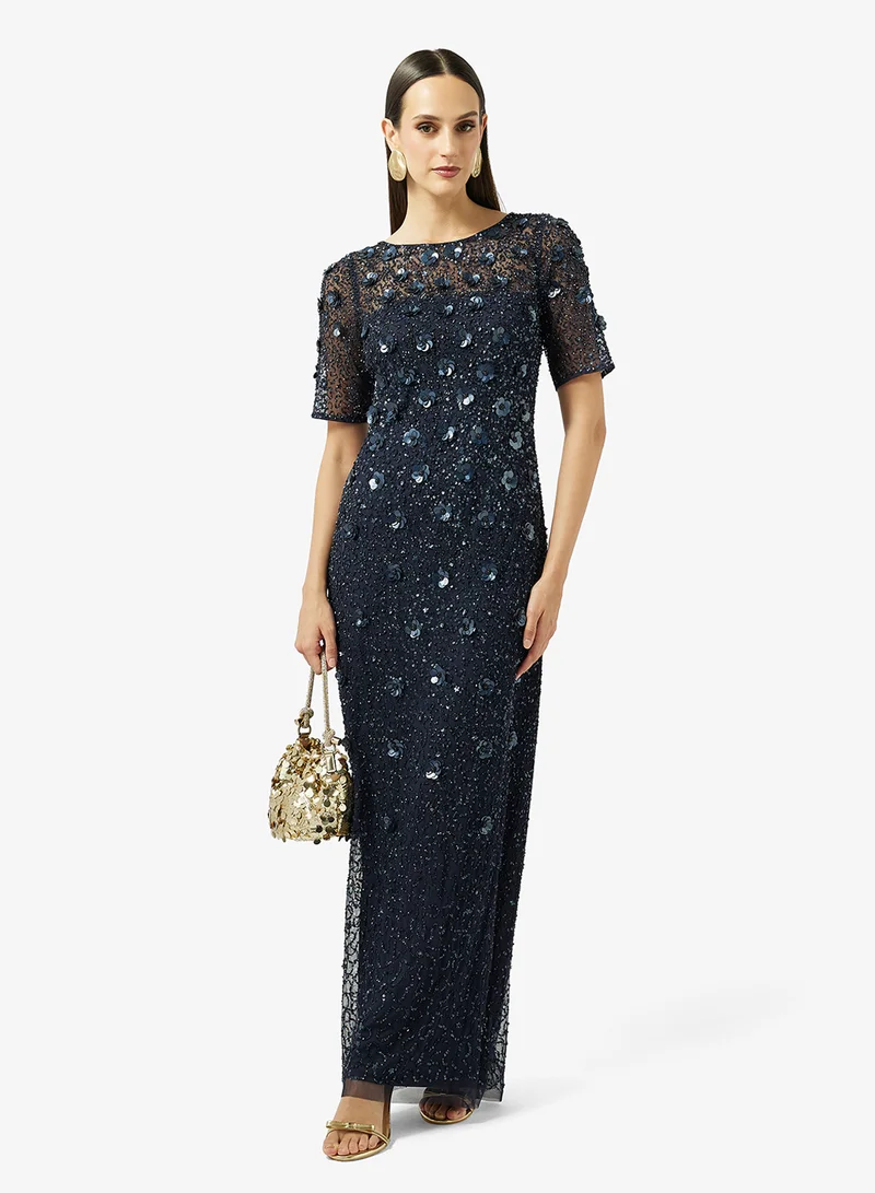 Adrianna Papell  Crew Neck Mesh Detailed Maxi Dress for Women | Best Price UAE